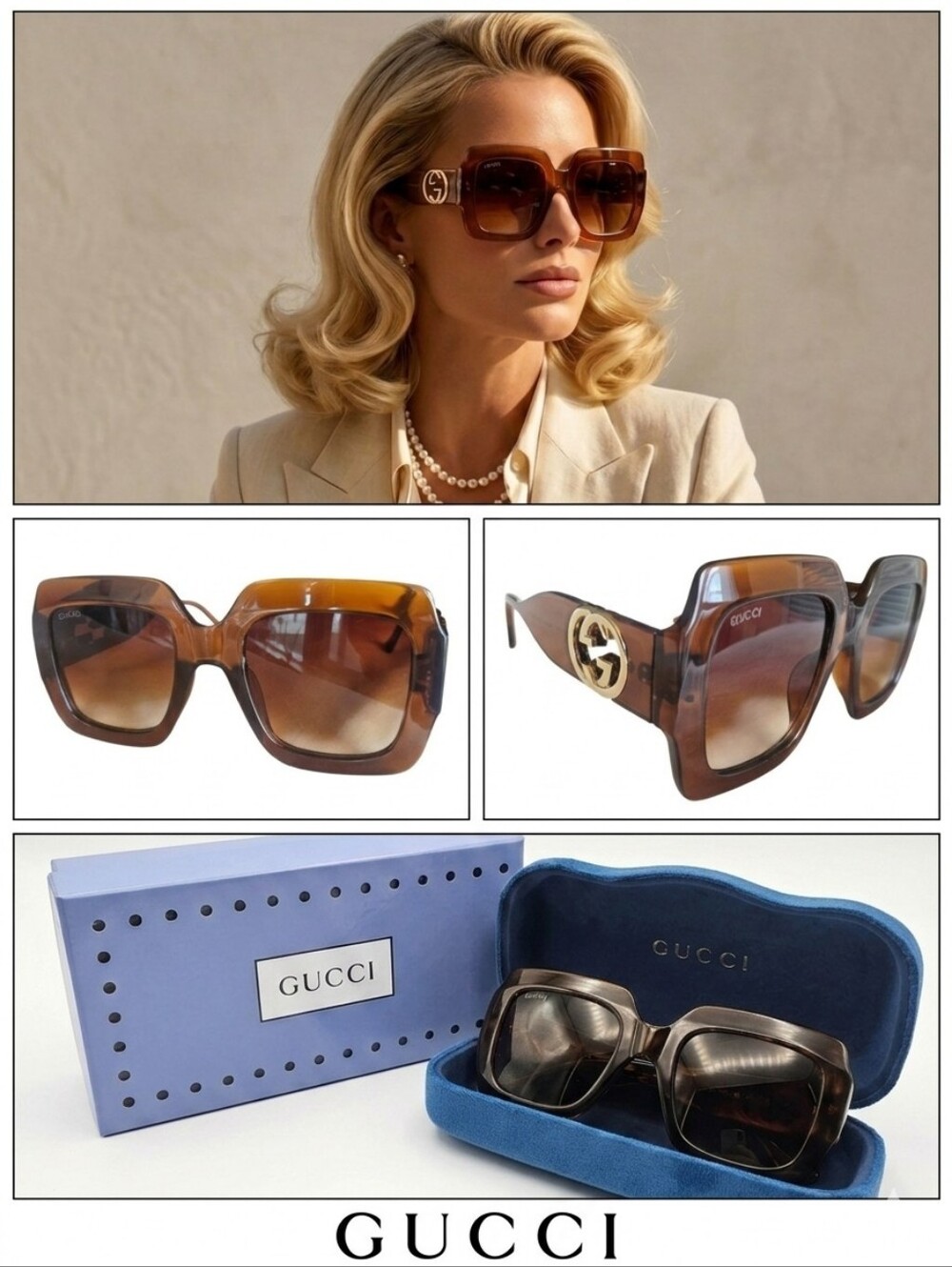 🔥NEW‼️✨ GUCCI ✨🤎 Brown Oversized Square Sunglasses with Gold GG Logos